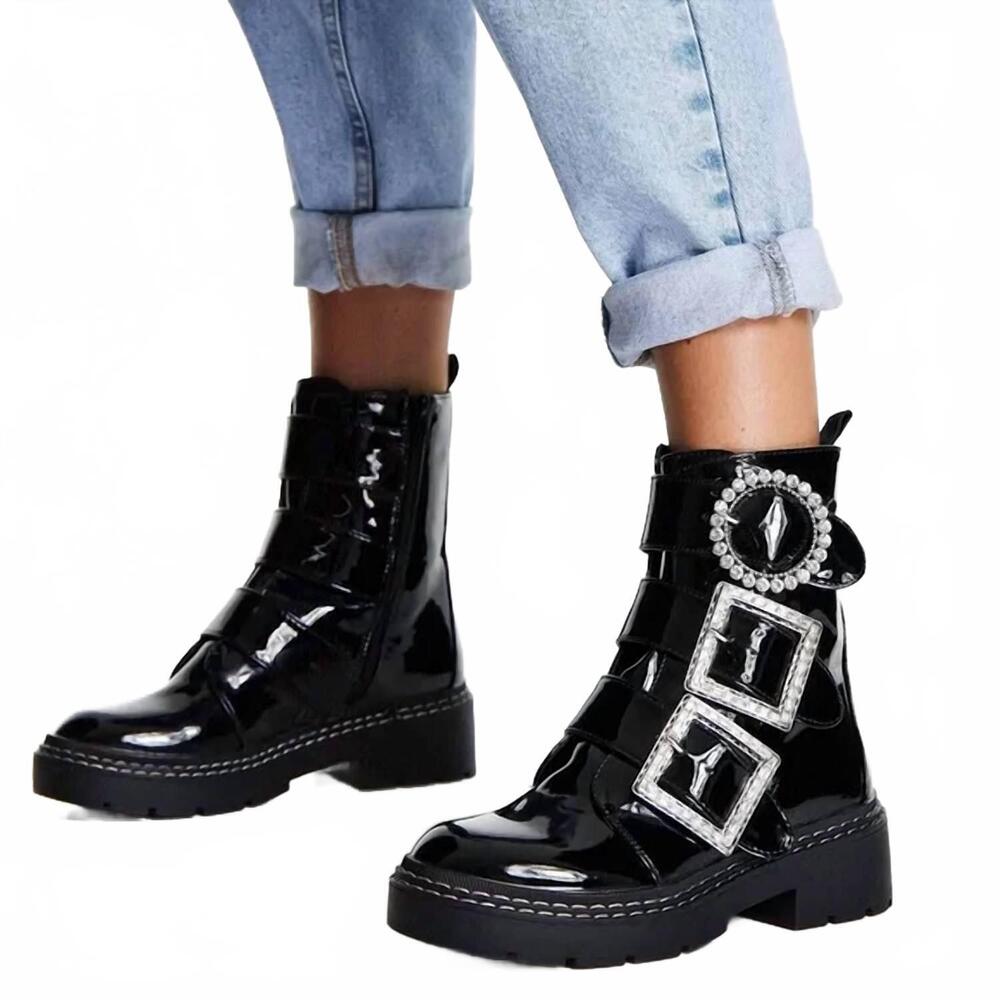 NEW RIVER ISLAND women's rhinestone buckle boots in black